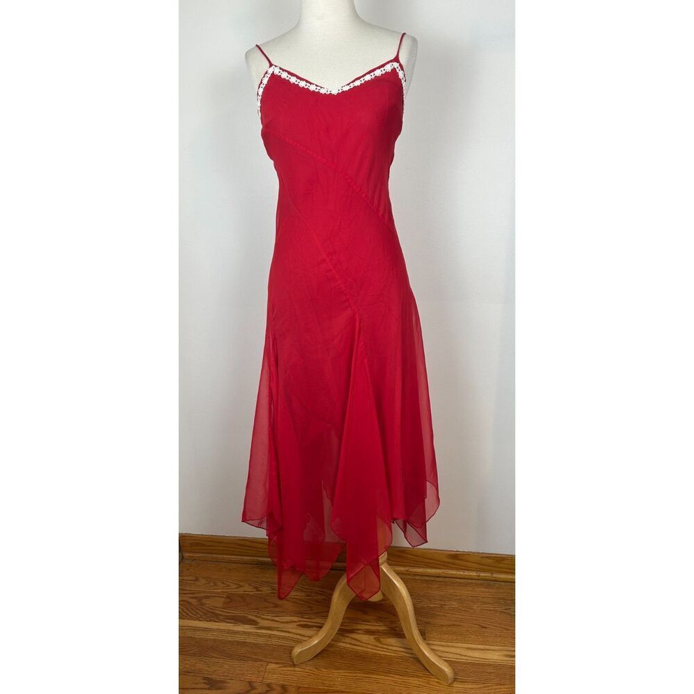 Vintage Y2K Fairycore Fluttery Red Asymmetrical Spaghetti Dress Flutter Strap 7